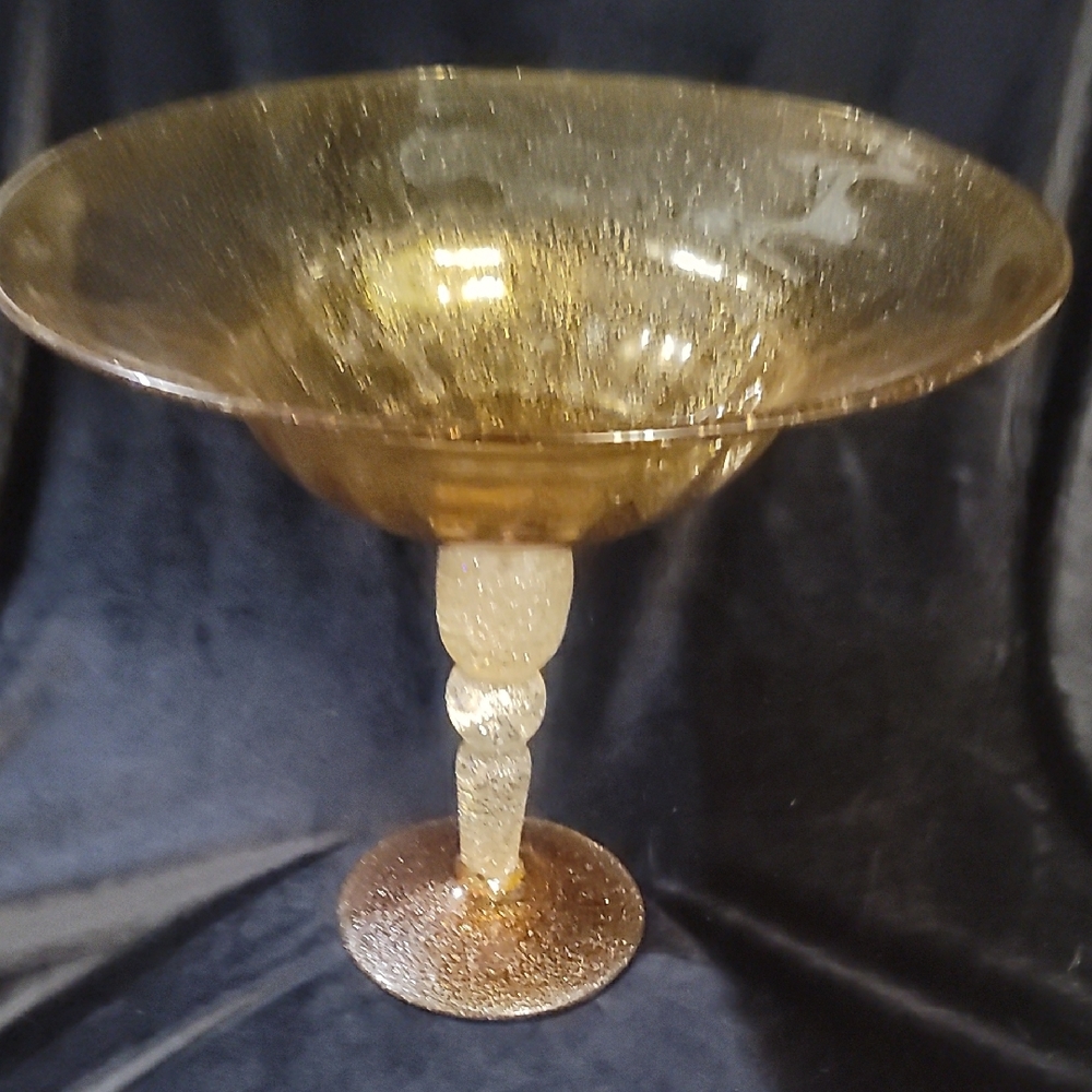 Milano Style, Radiant Gold Glass Art Bowl with Textured Sunburst Design.